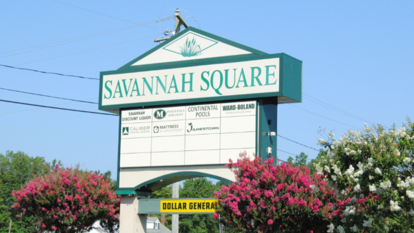 A photo of an outdoor sign for the Savannah Square Shopping center that links to the Savannah Square page.